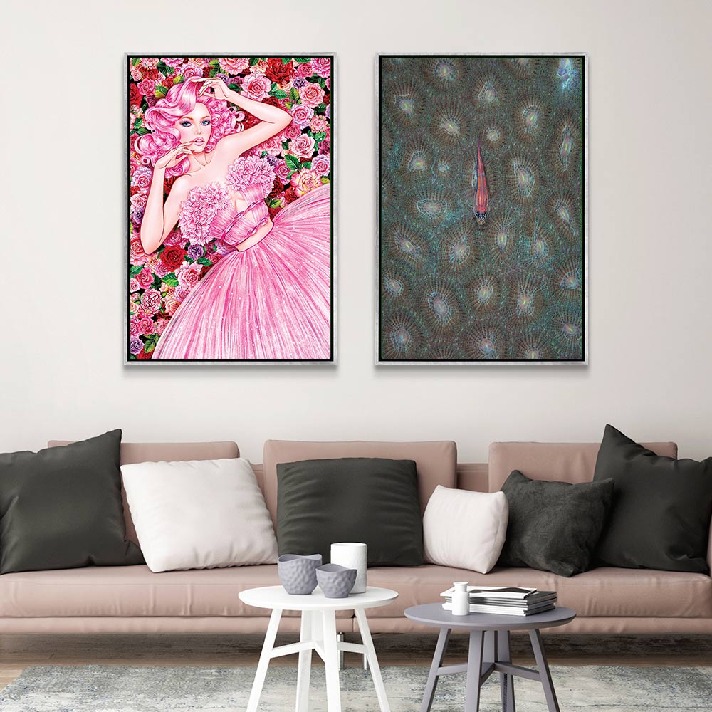 Side-by-side canvas prints: Rose Girl by Sunny Gu, and A Tiny Ghost Goby Lies On The Polyps Of A Coral Colony by Ethan Daniels