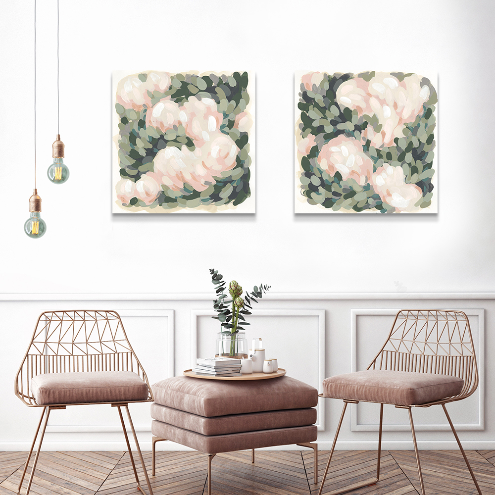 June Erica Vess' works Blush & Celadon I and II in a rose gold living room