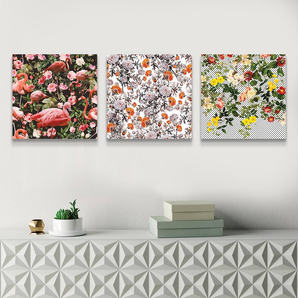 Side-by-side canvas prints featuring: Floral And Flamingo by Burcu Korkmazyurek, Exotic Garden by Burcu Korkmazyurek, and Botanical Geo by Burcu Korkmazyurek
