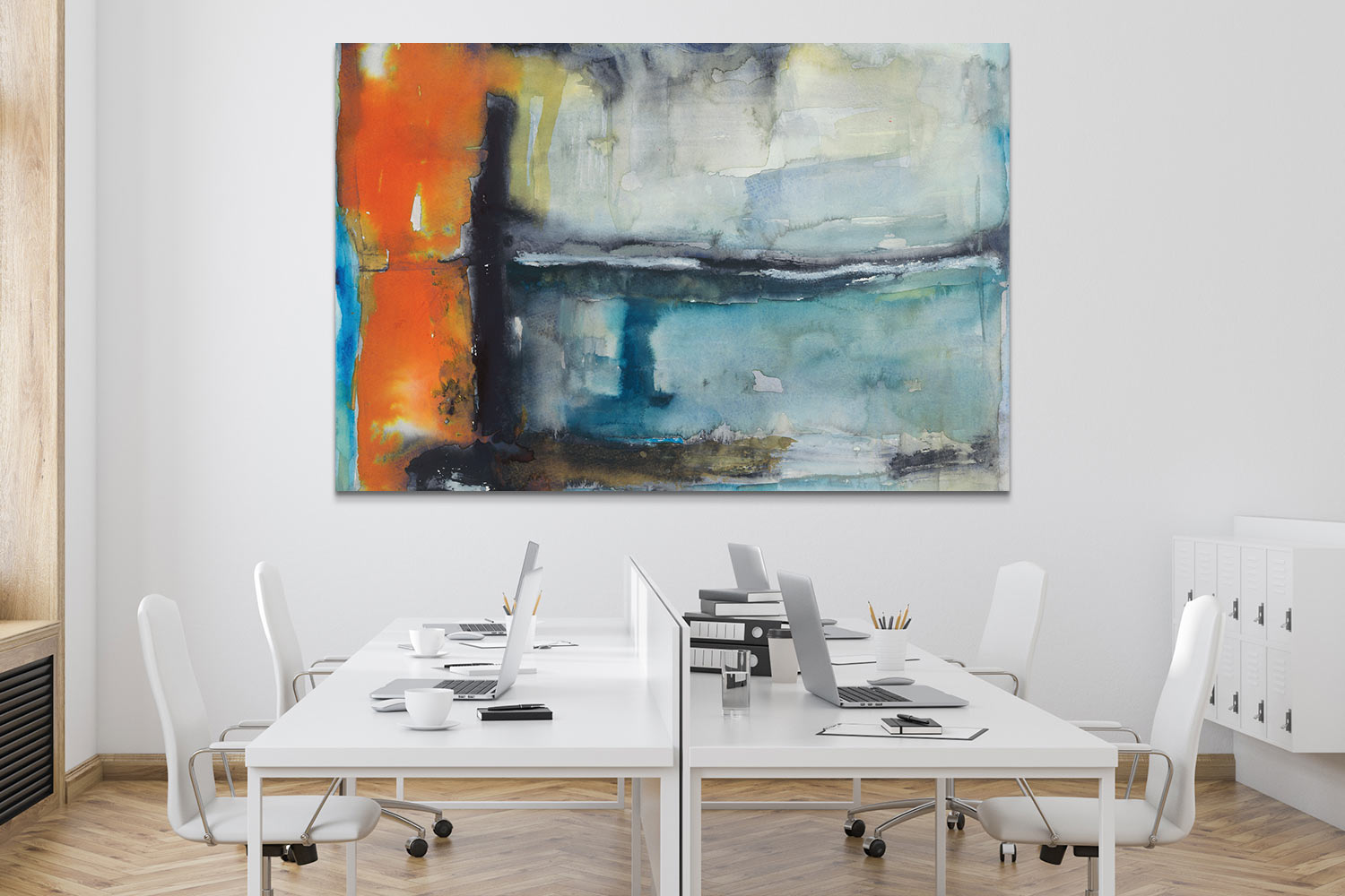 A white, open office with canvas art print "Surge" by Michelle Oppenheimer above desks