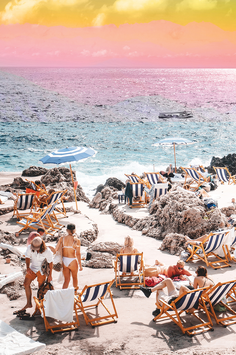 people on a beach with rocks and rainbow water and sky