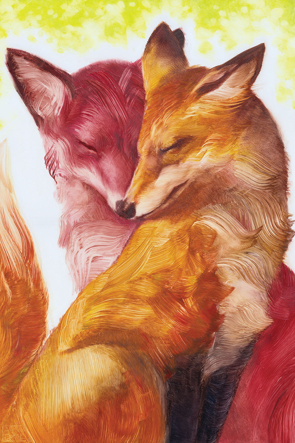 a red and orange fox touching snouts in an embrace