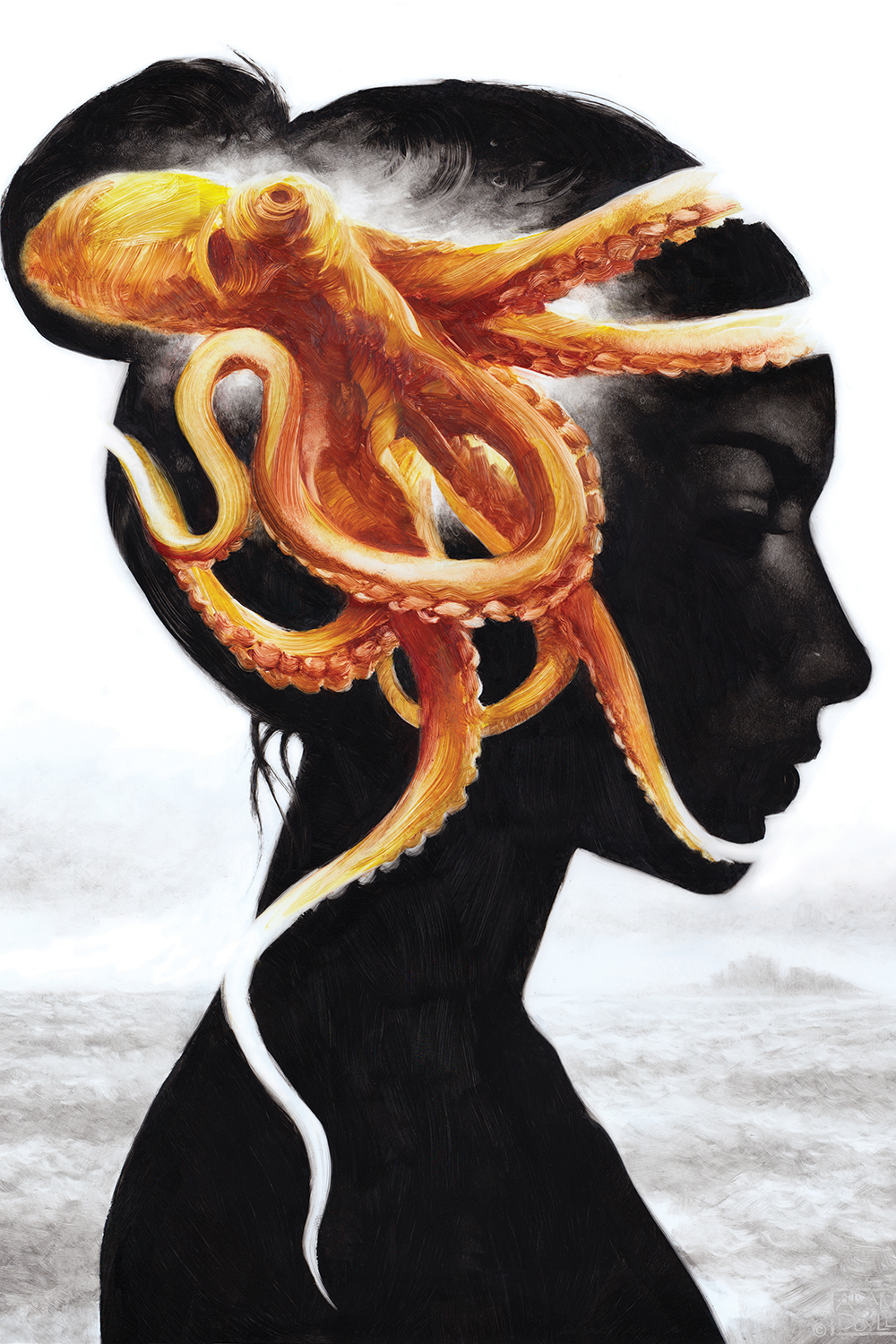 a silhouette of a woman with an orange squid on her head