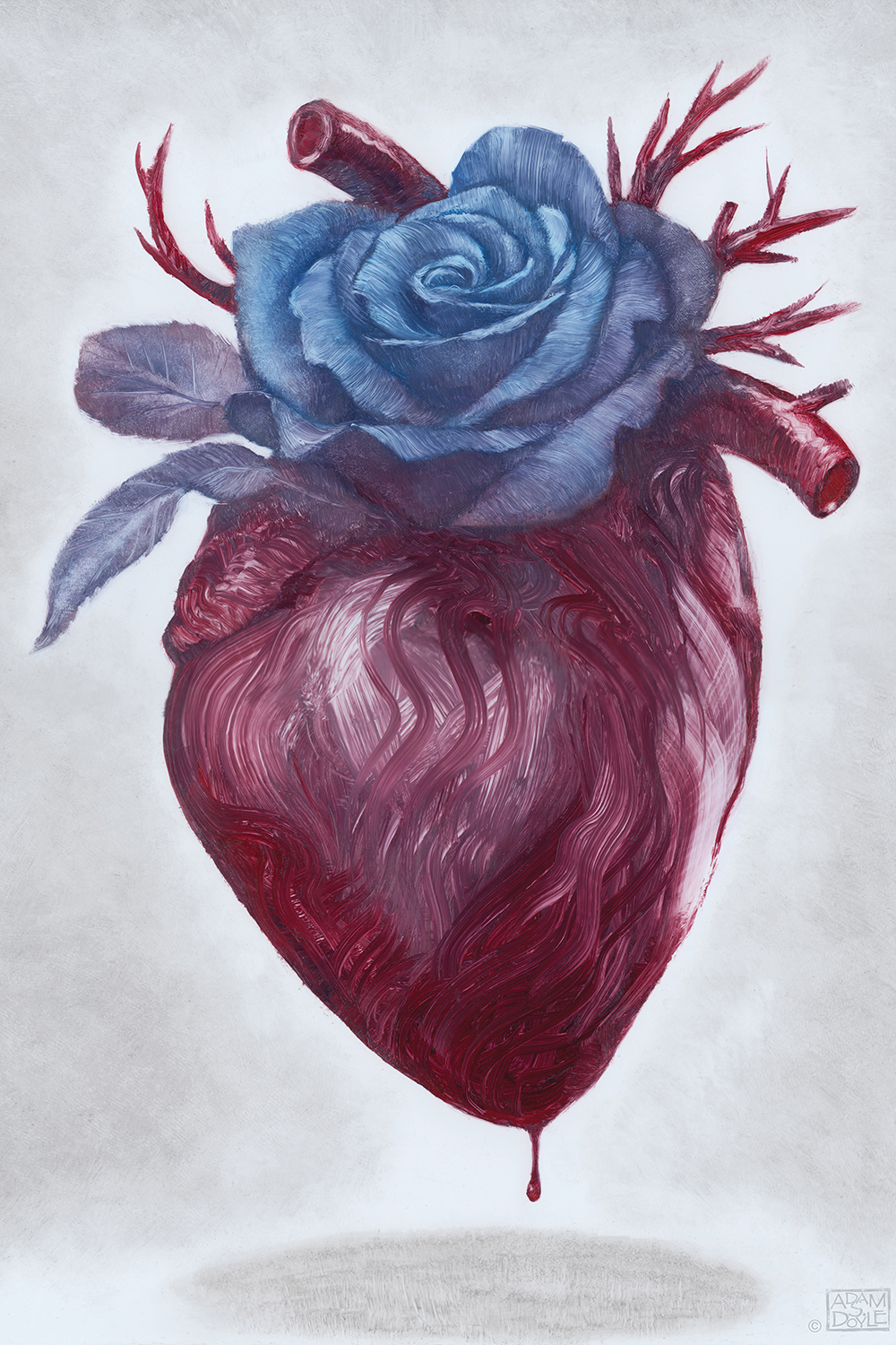 an anatomical heart dripping blood with a large blue rose