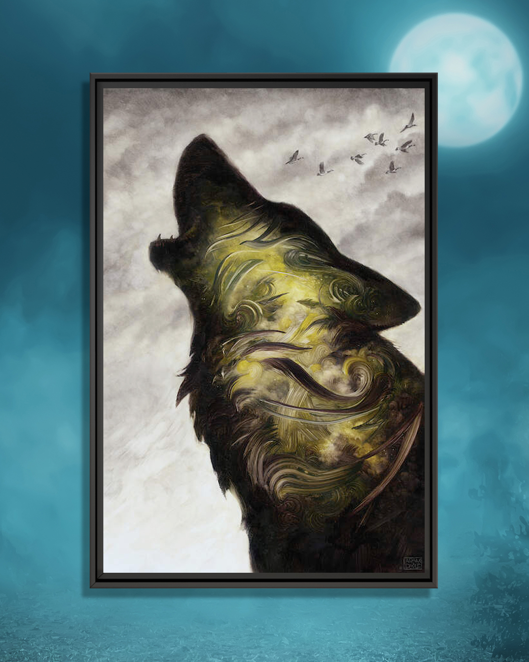 a howling wolf with green and gray swirls on fur and birds flying in distance