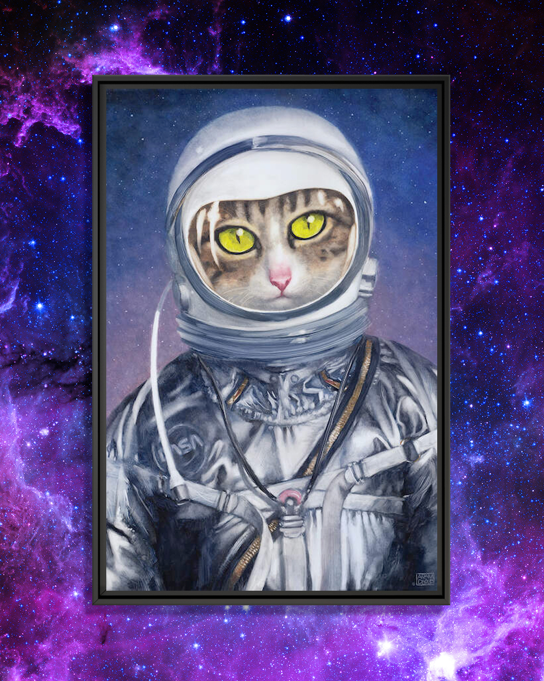 a cat with green eyes wearing an astronaut suit in space