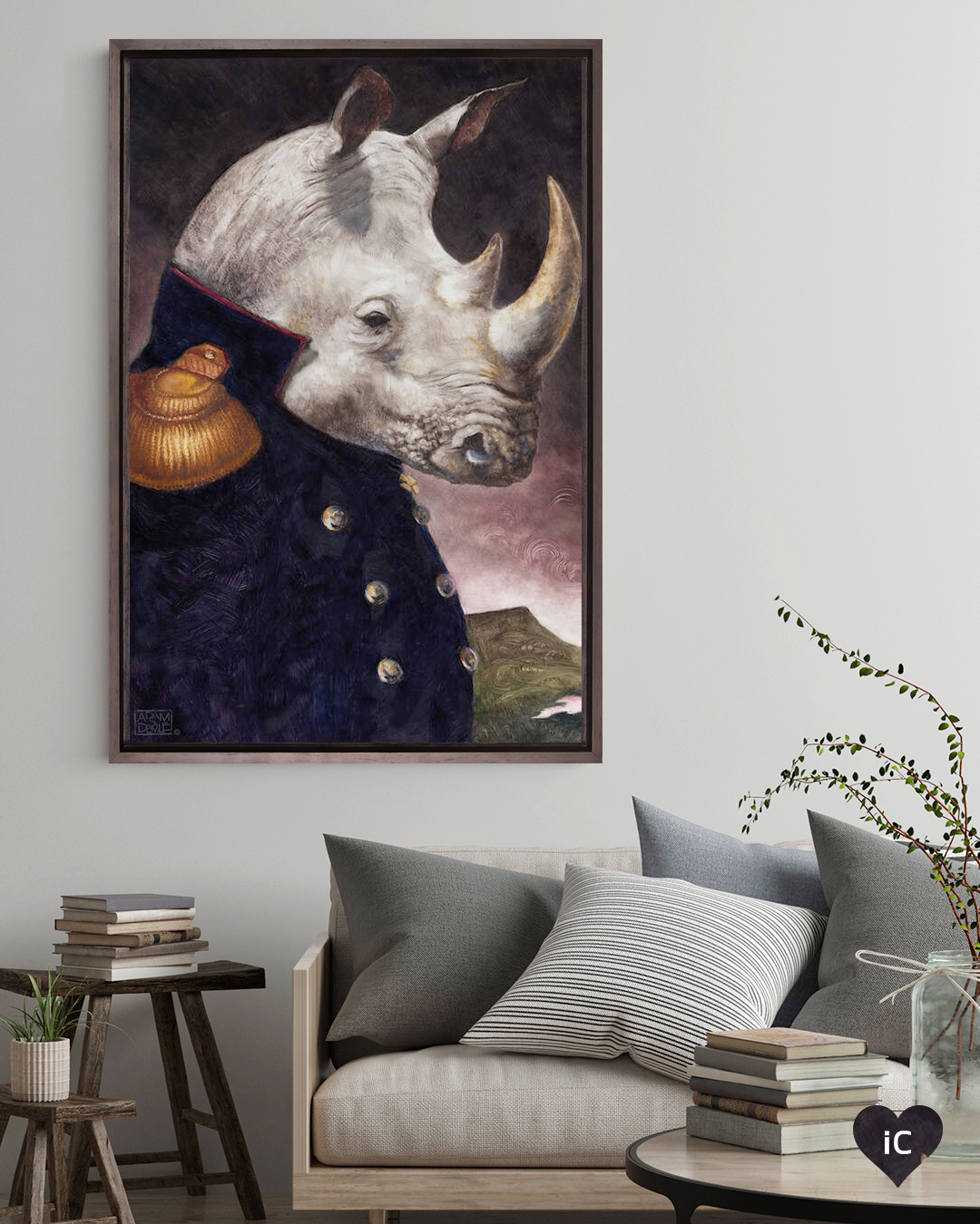a portrait of a standing rhino wearing a general's jacket