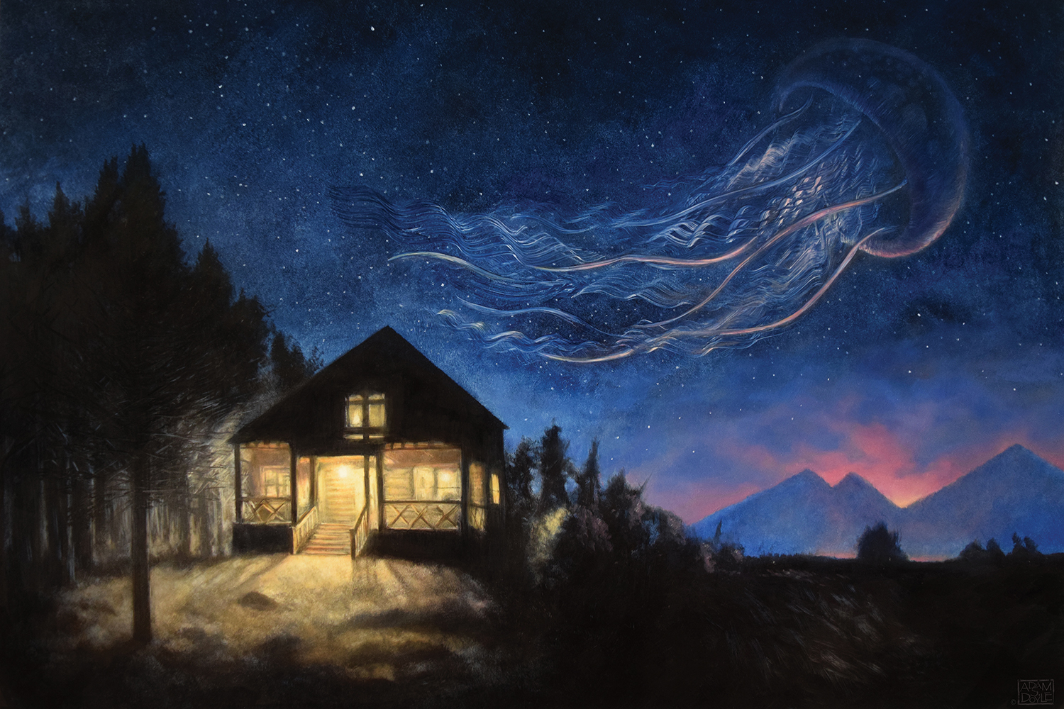 a cabin in the woods at night with a large jellyfish in the sky