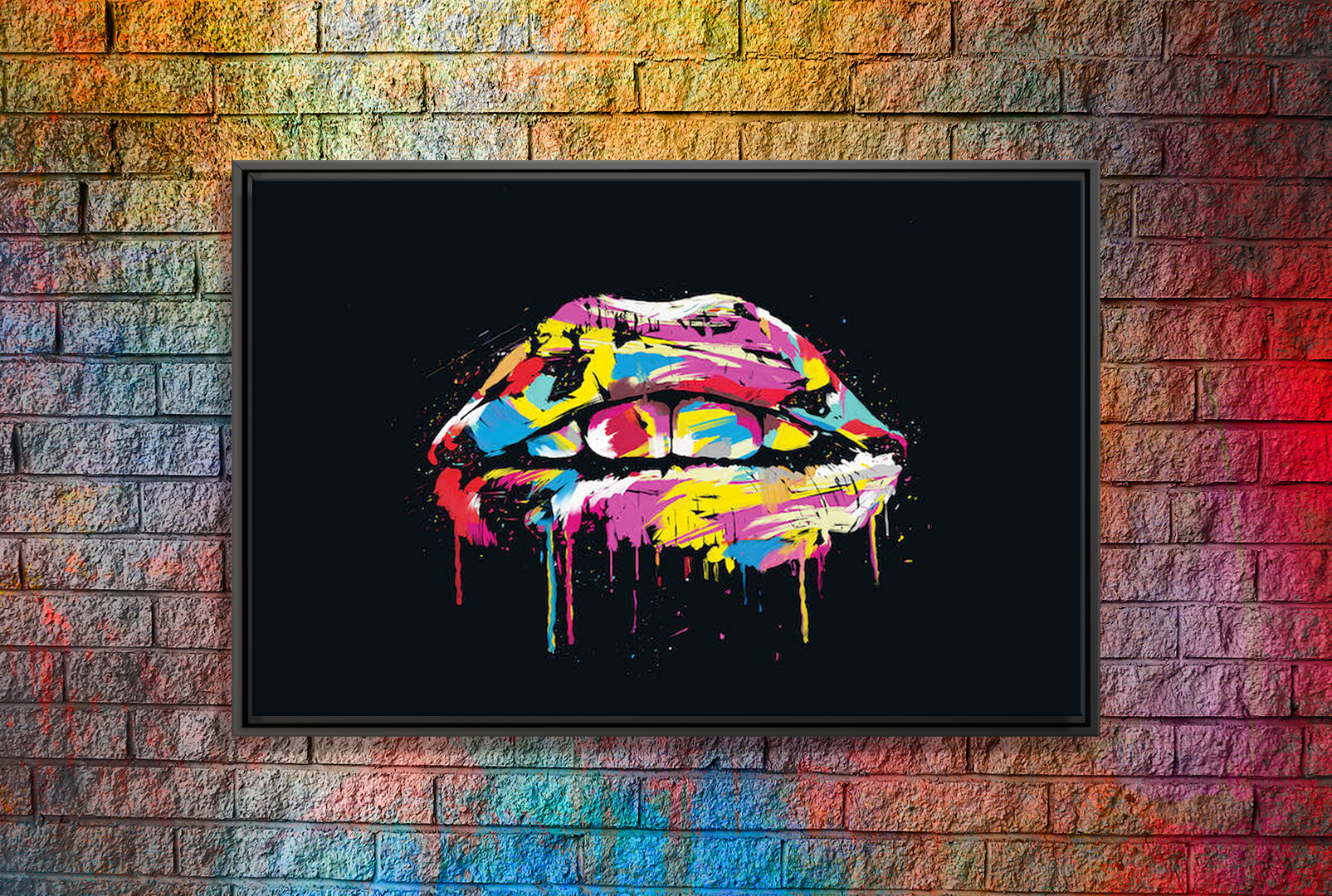 painted mouth on black backdrop with purple, blue, yellow, white, and red paint swipes across teeth and lips