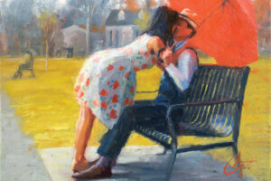 a man sitting on a bench in a suit and hat holding a red umbrella with a woman in a dress leaning over and kissing him