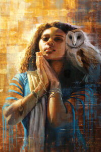 a woman wearing a blue dress and gold scarf with hands folded in prayer and an owl on her shoulder
