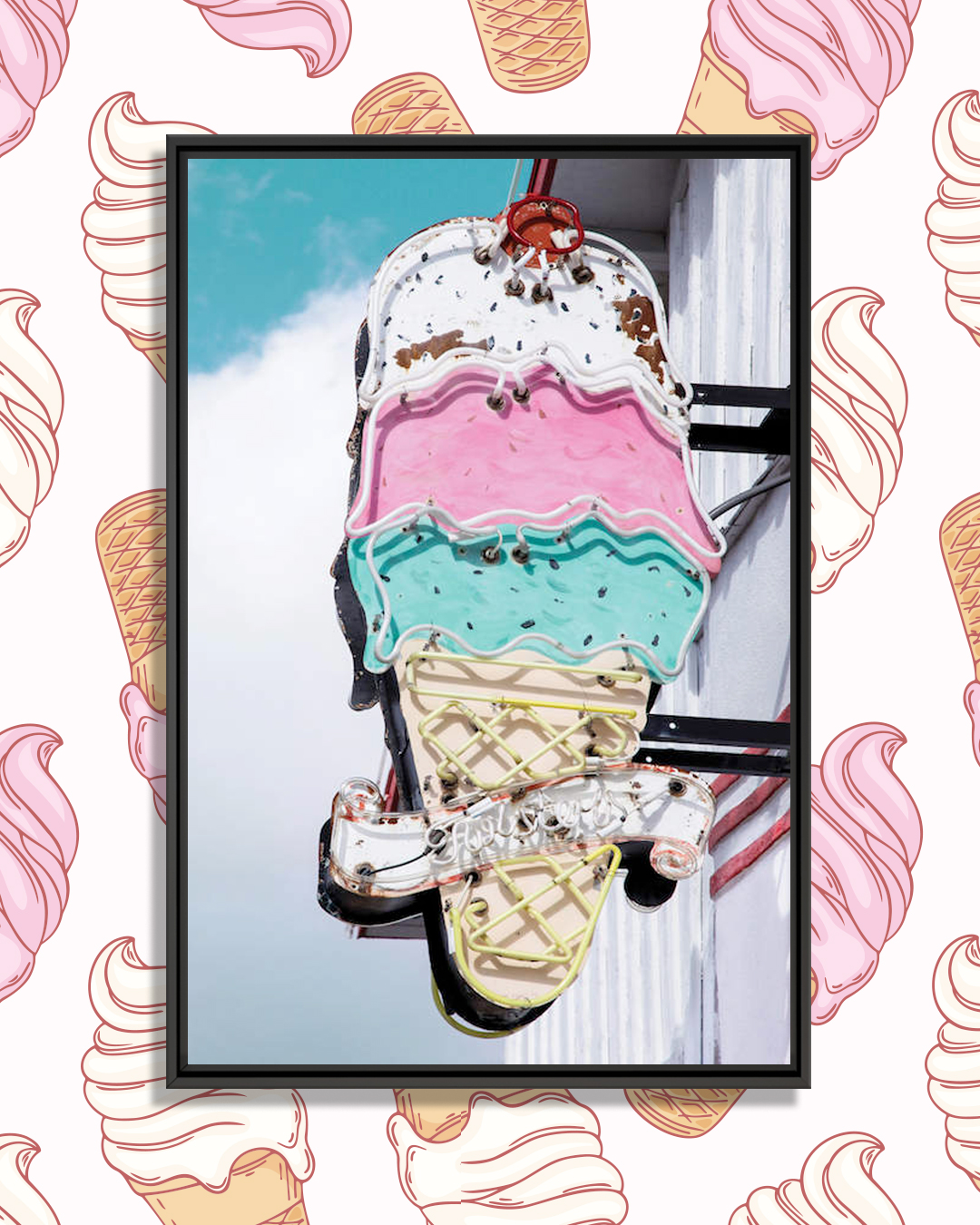 a 3-scoop ice cream cone sign with neon elements
