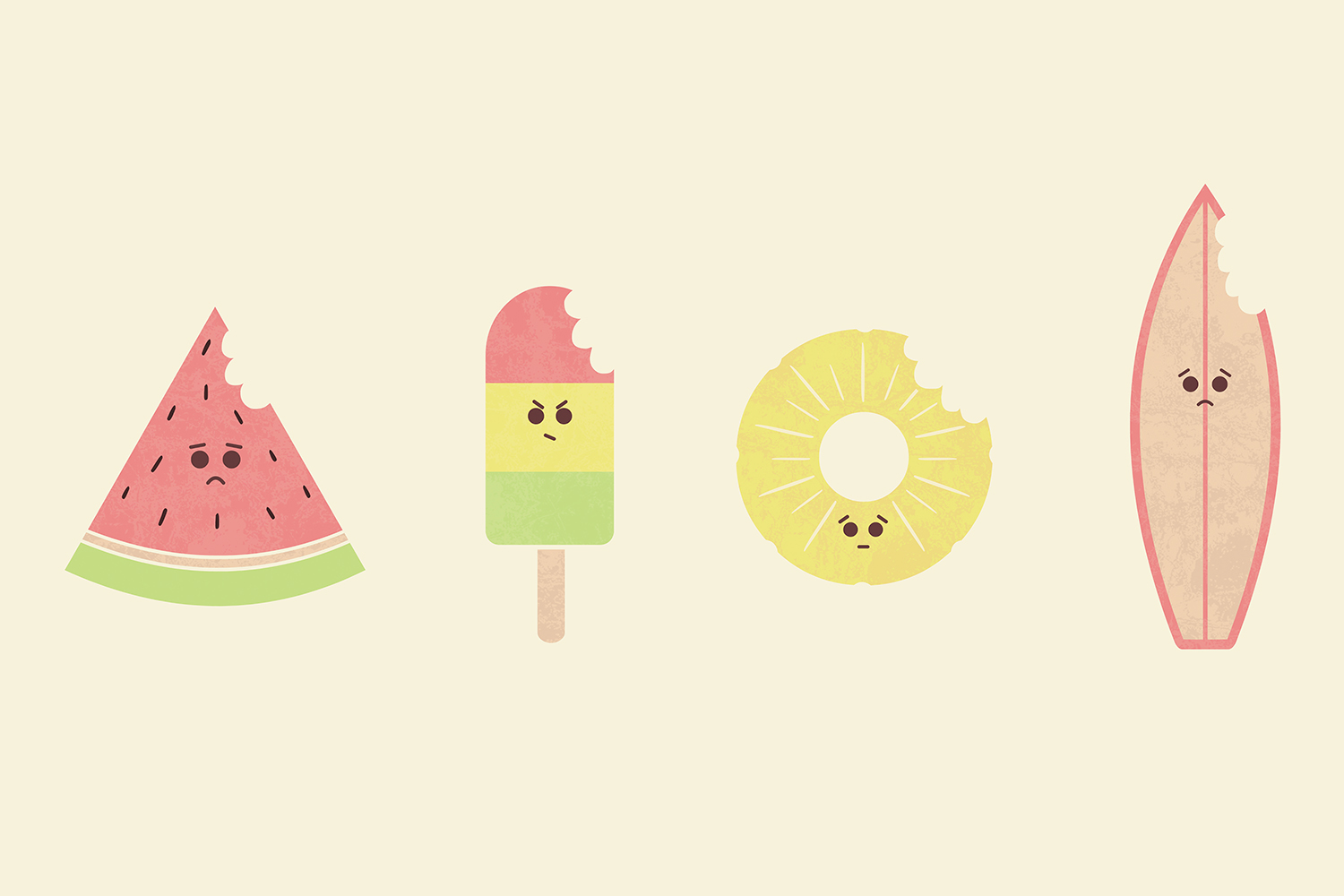 4 items with frowns and a bite mark in them including a slice of watermelon, popsicle, pineapple slice, and a surf board