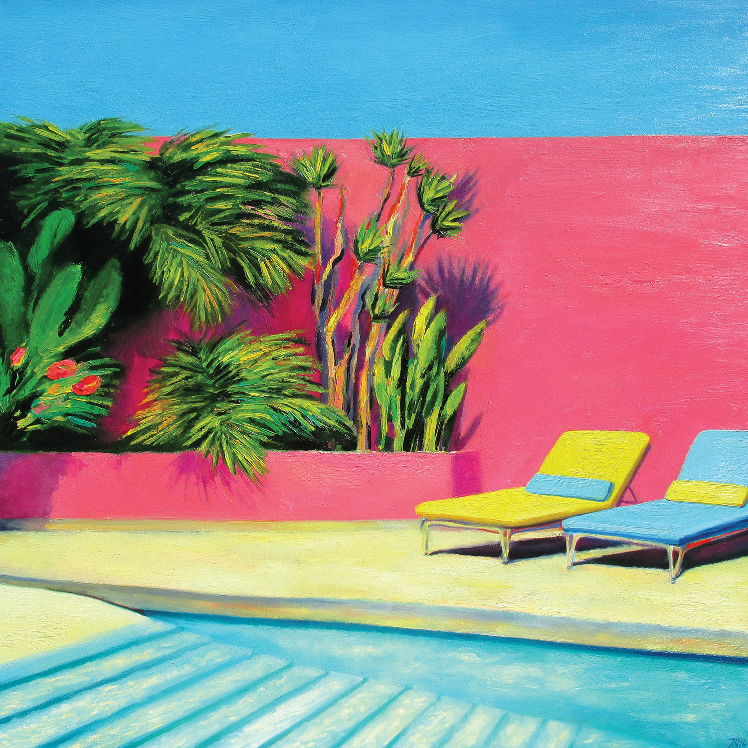 two lounge chairs against pink wall with green plant life and stairs into the pool