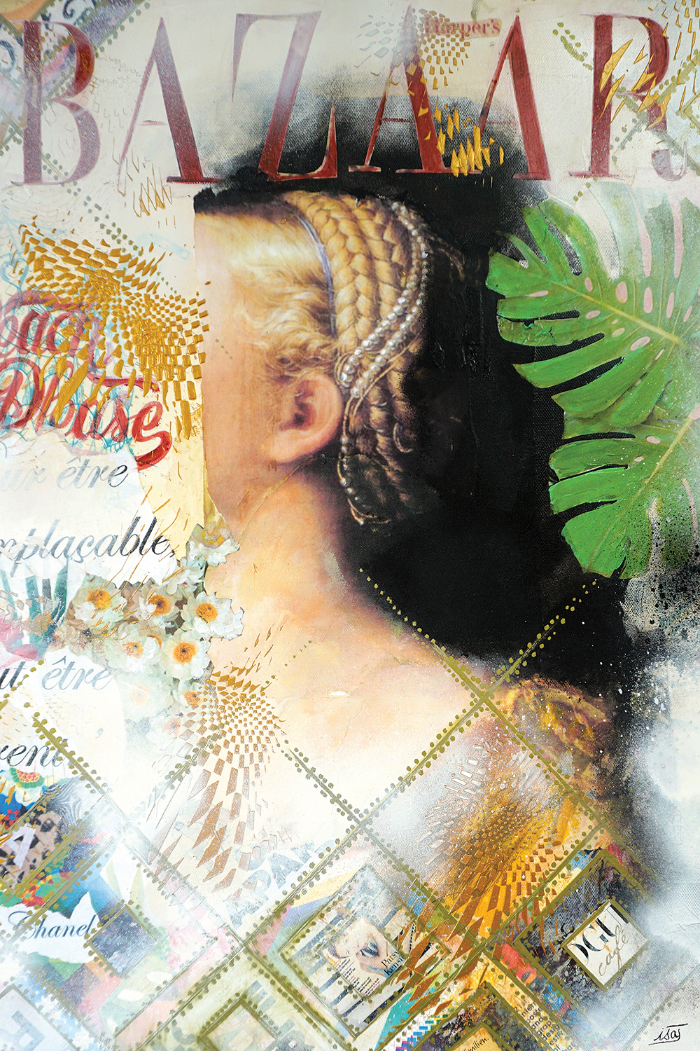 woman with braids and pearls in hair looking away with face obscured with remnants of other images, a leaf, and "bazaar"