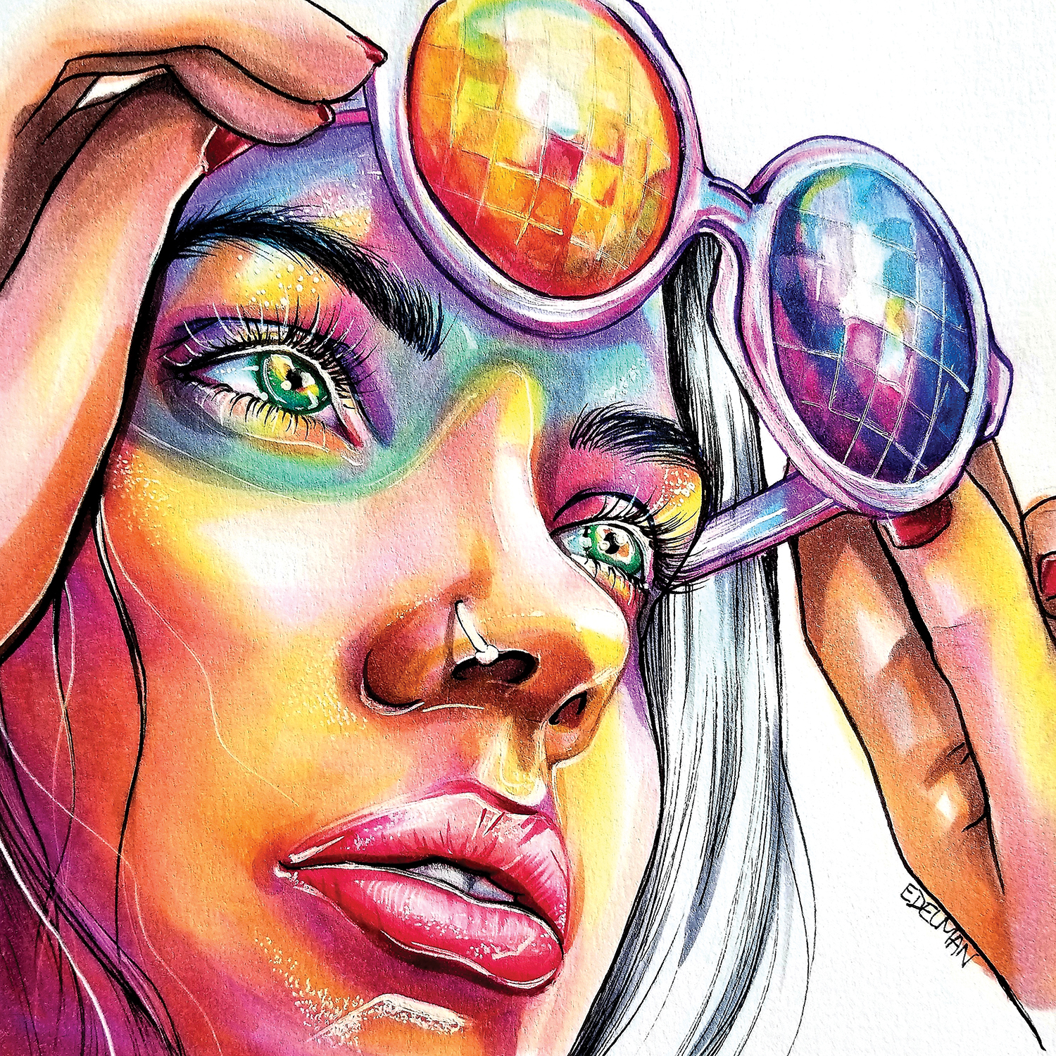 girl with nose ring lifting colorful sun glasses off eyes