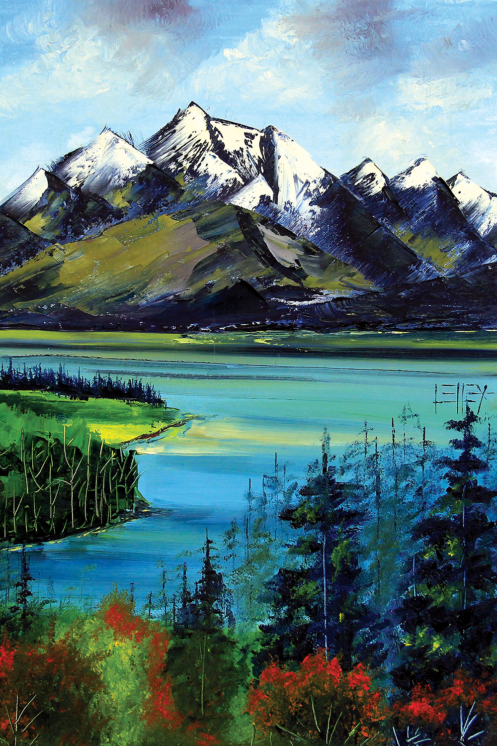 brightly colored painting of mountains, trees, and lake