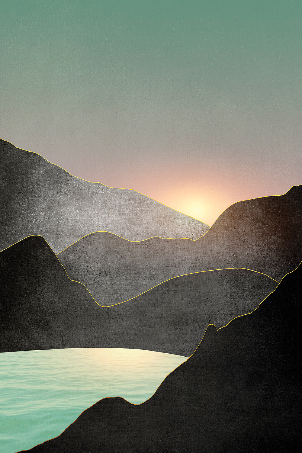 a sunset or sunrise over a few, minimalist mountains and a lake