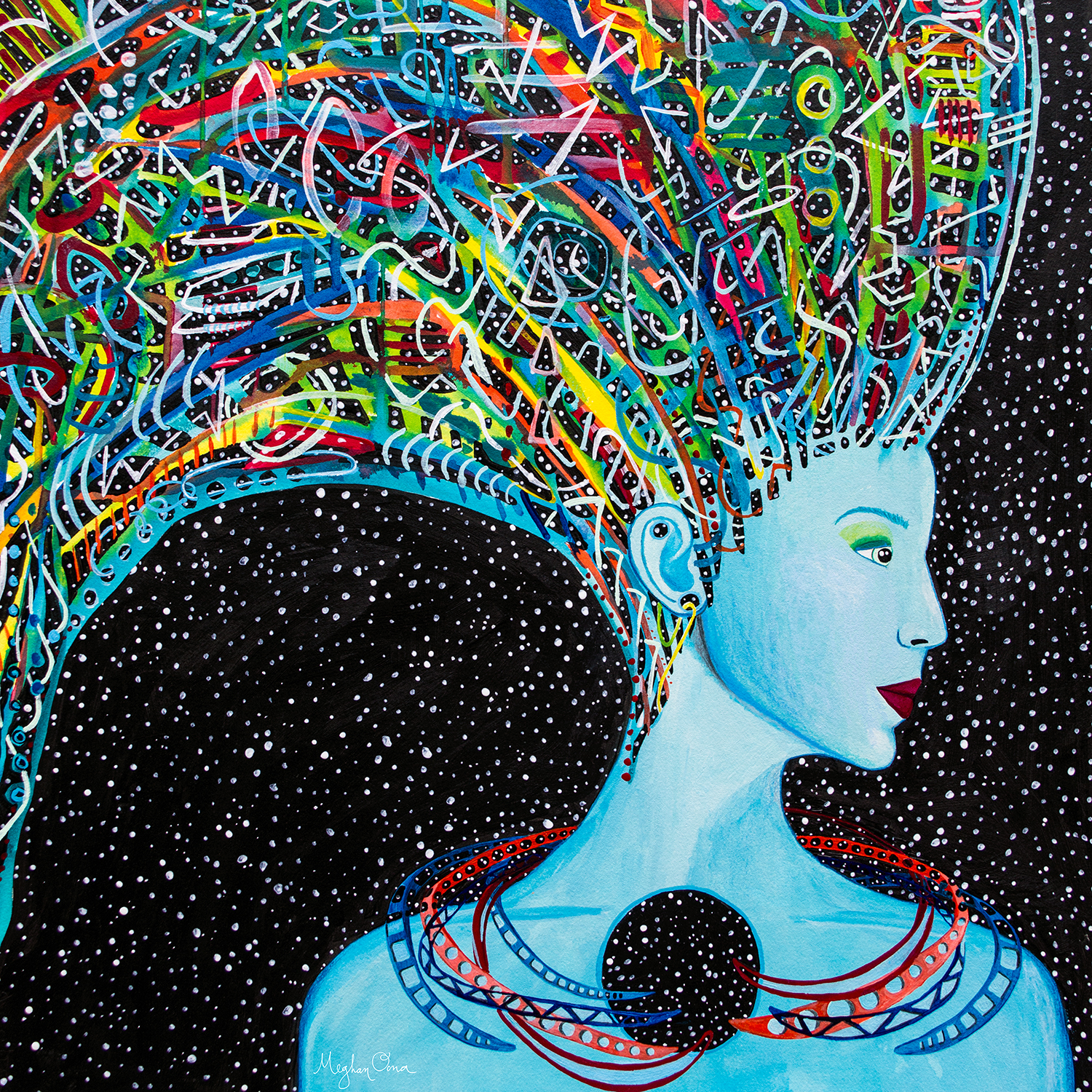 blue feminine being with large colorful hair wearing abstract necklaces surrounded by stars