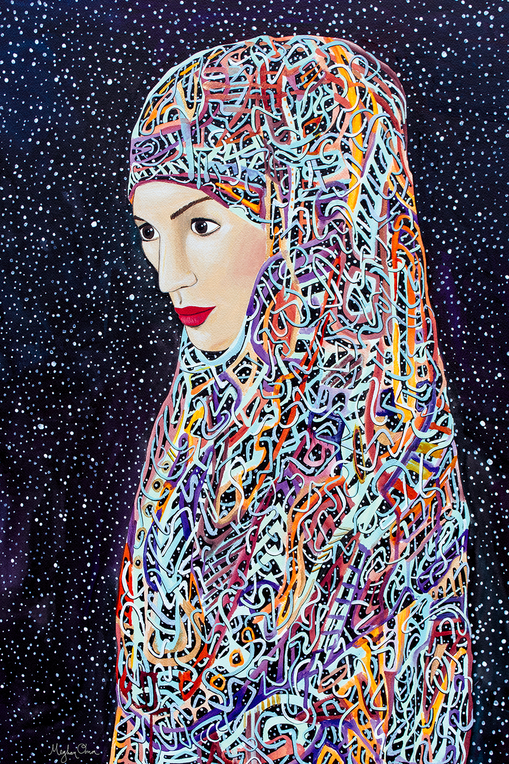 woman in colorful, abstract hijab standing among the stars