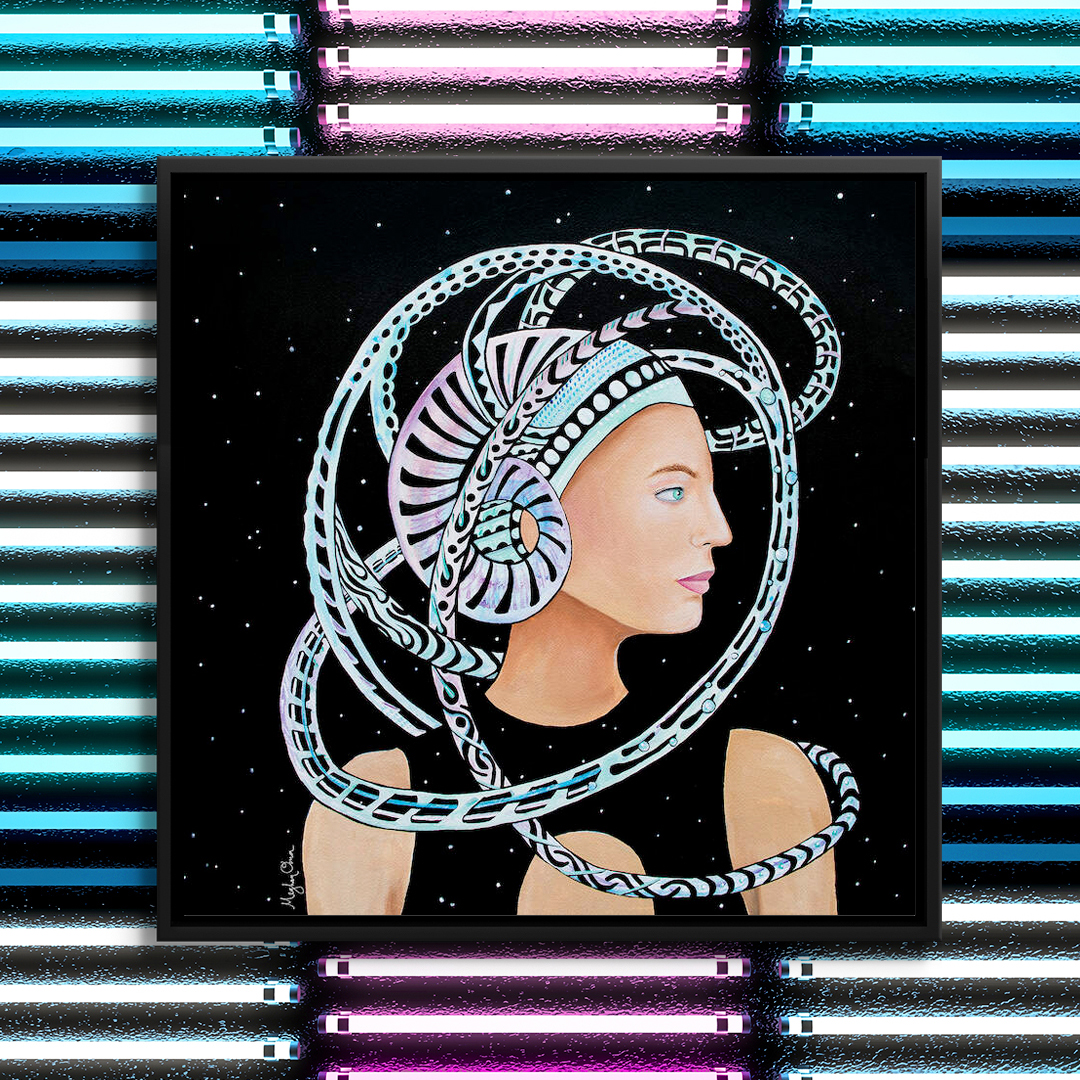woman staring to the right wearing a futuristic abstract helmet among the stars