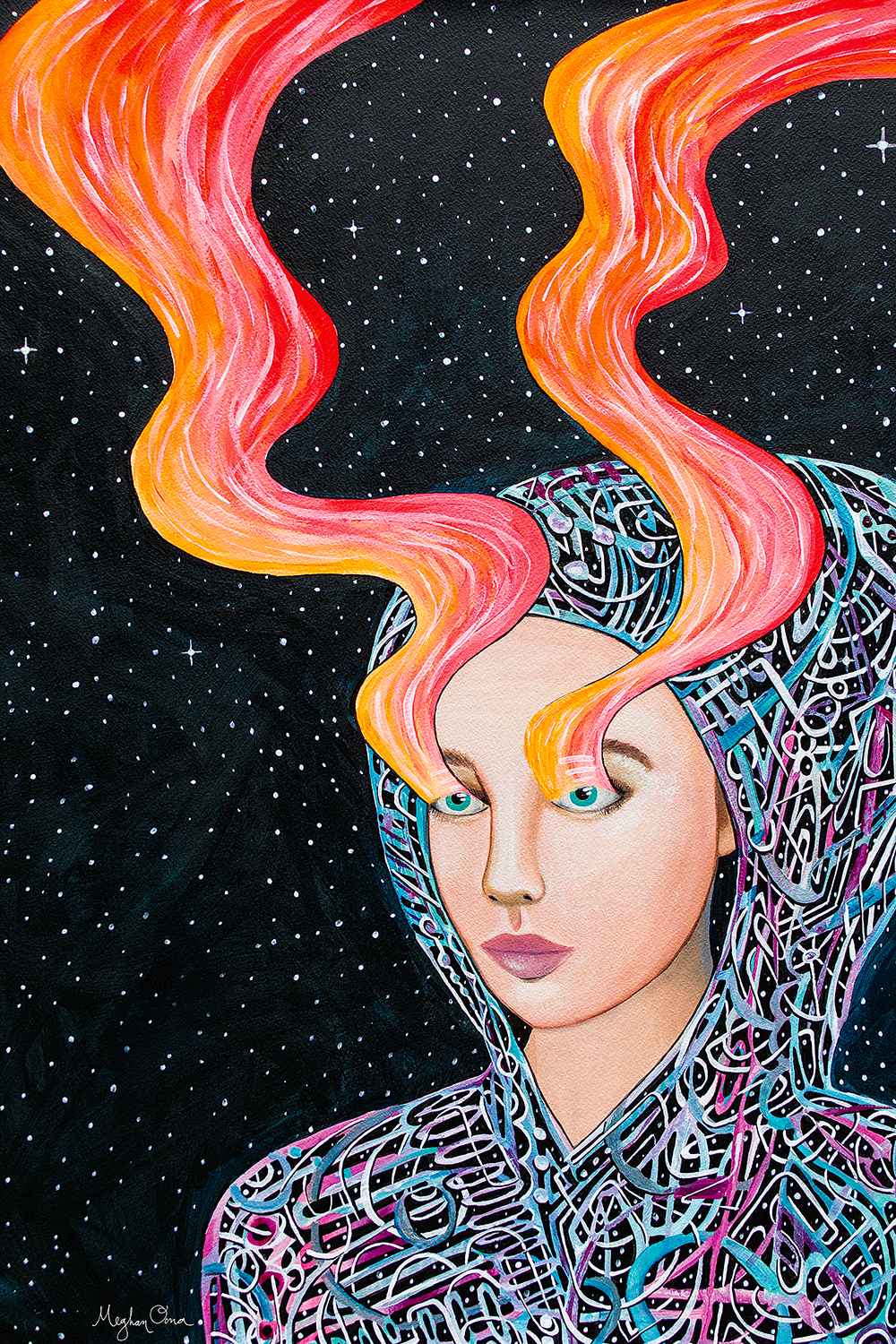 girl wearing hooded sweatshirt with abstract lines in space with bright red, yellow and gold streams drifting upward from her eyes