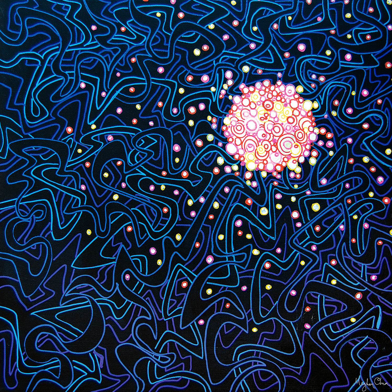 tangled blue lines and colorful dots surrounding a bright cluster