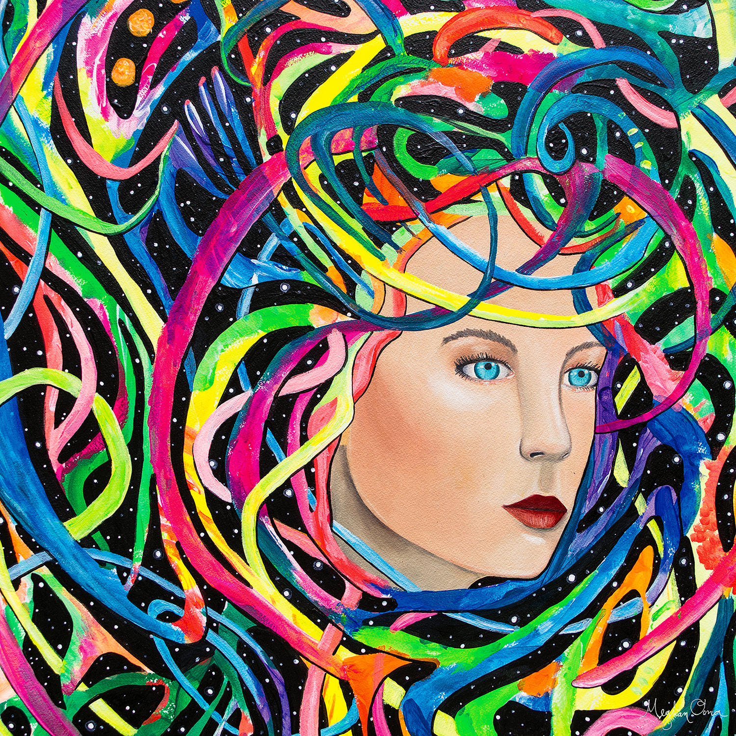 woman's face appearing from a web of colorful lines with night sky and stars in background