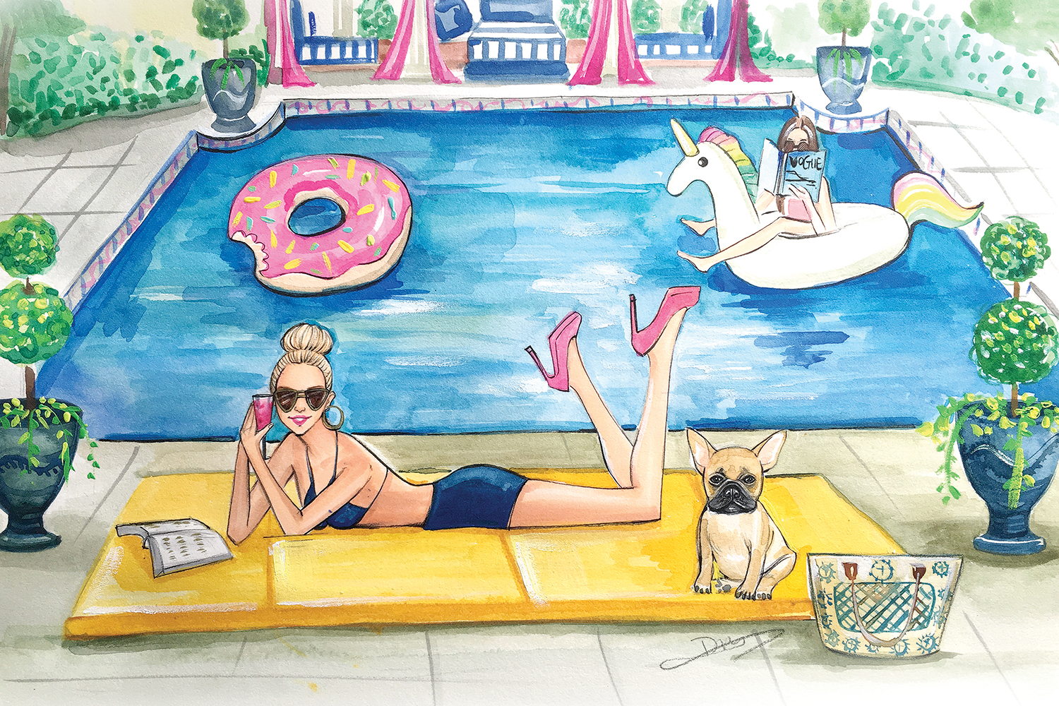 woman laying near pool wearing sunglasses with drink, magazine, and dog, and another woman floating on unicorn in pool reading vogue