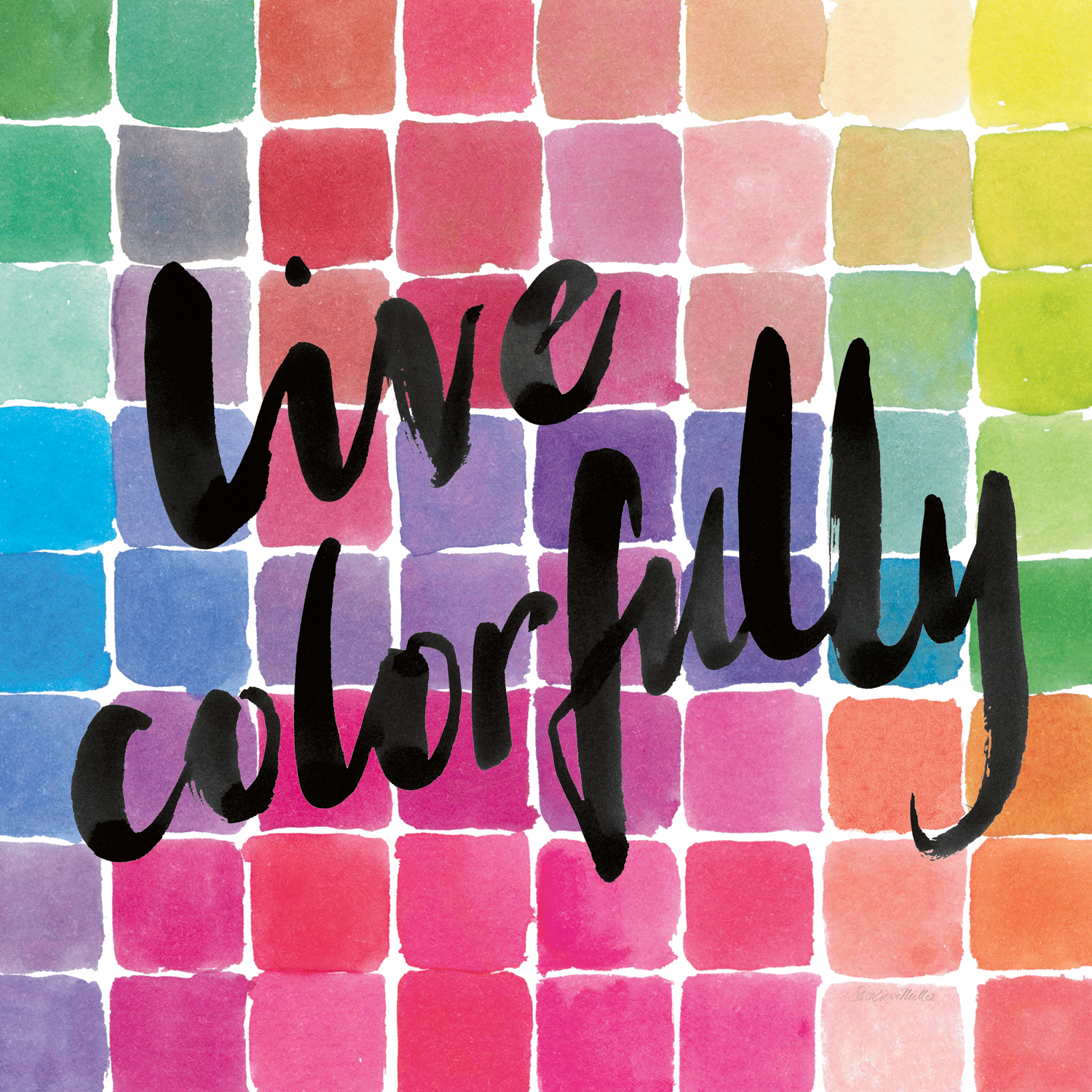 colorful squares with "live colorfully" written in black