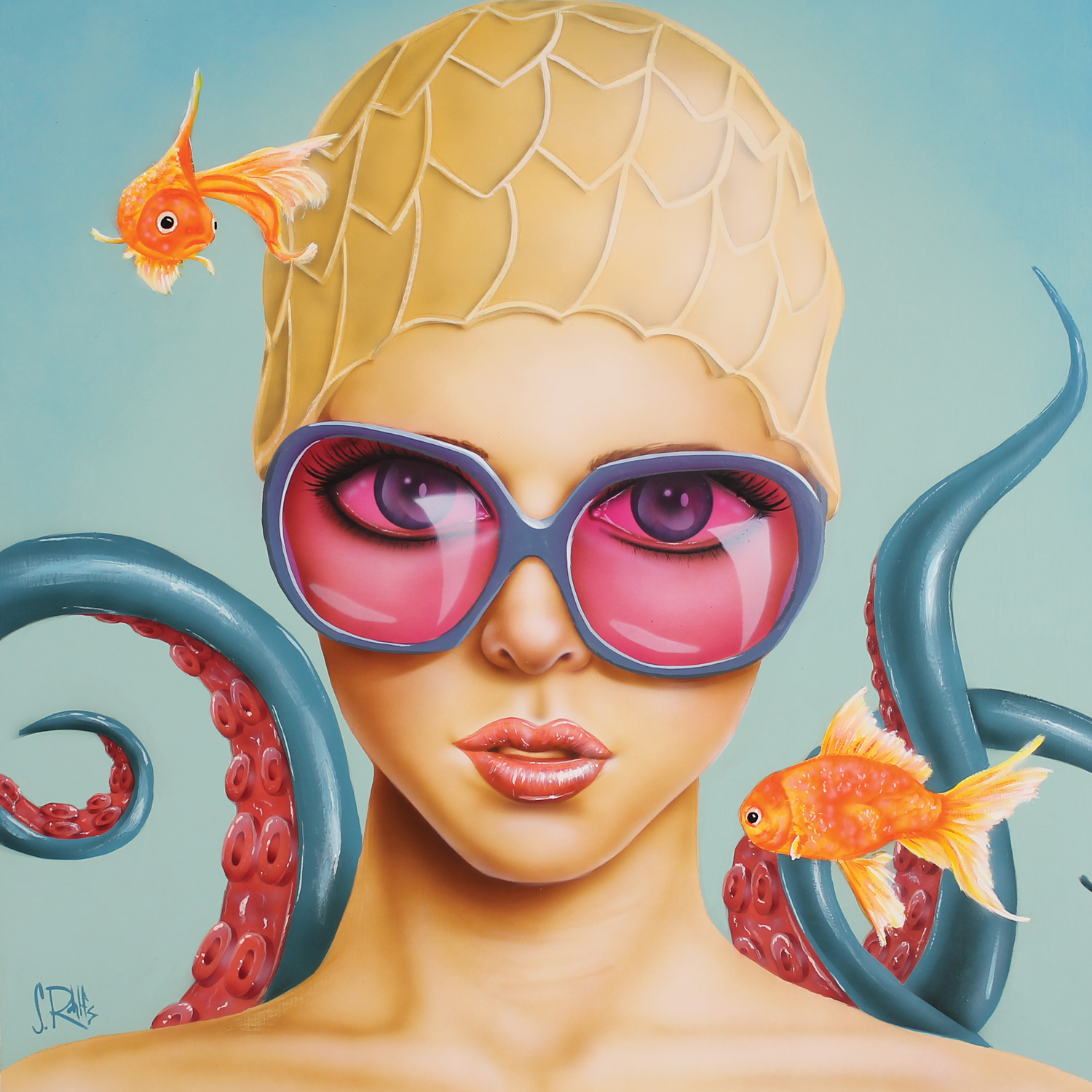 woman in swim cap wearing large sunglasses with tentacles in background, 2 goldfish nearby