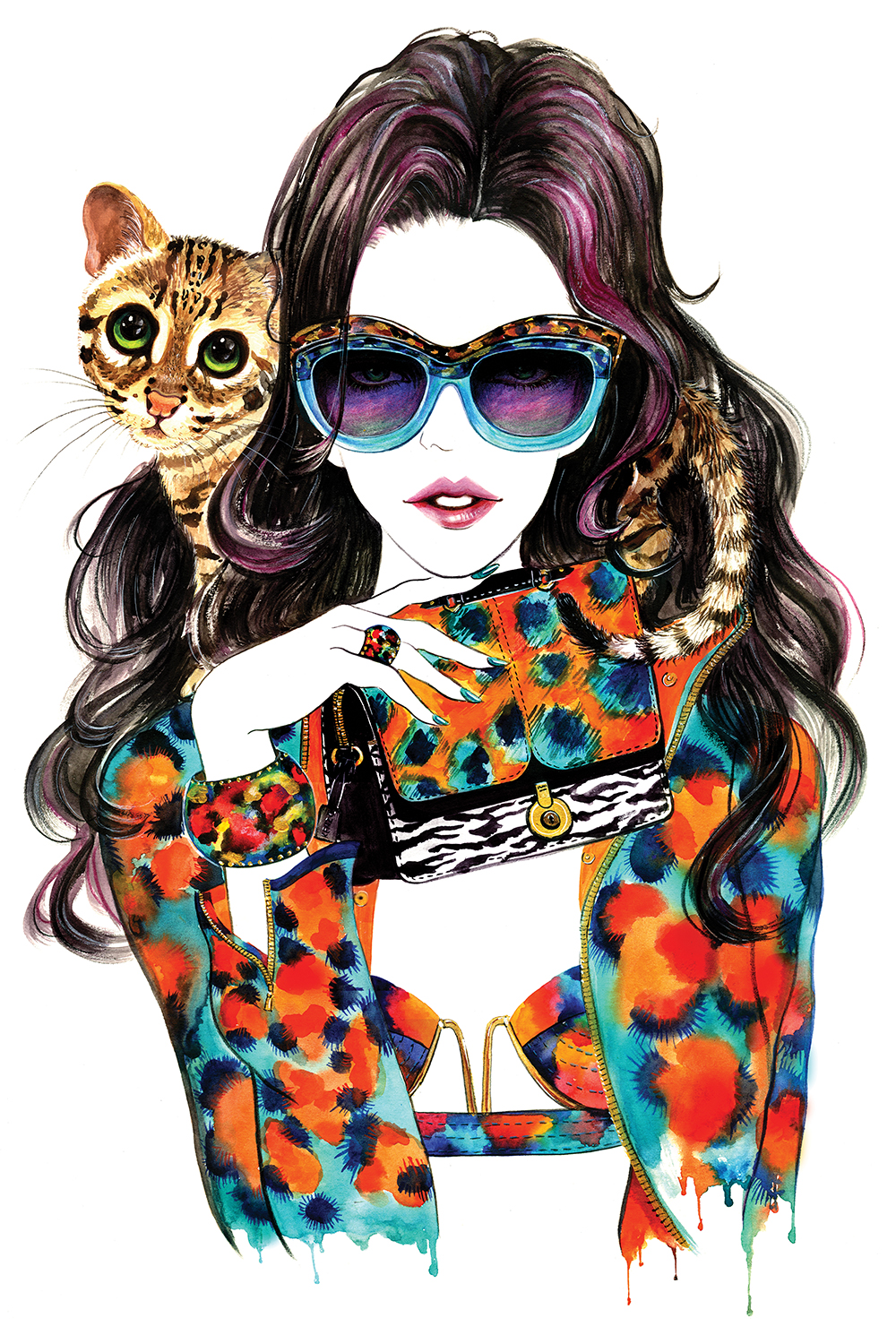 woman wearing large glasses with pink in hair and matching orange and blue patterned jacket, bra, ring, bracelet, and purse, with cat sitting on shoulder