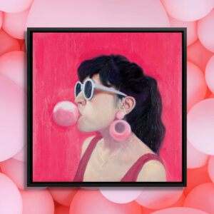 a woman with dark hair in a ponytail wearing large pink earrings, a nose ring, and white sun glasses while blowing a bubble with gum