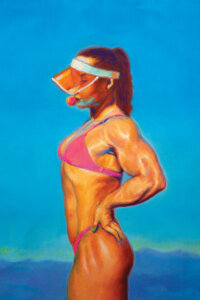 a muscular woman wearing a pink bikini and sun visor while blowing a bubble with gum
