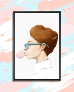 a profile of a woman wearing a white collared shirt and blue heart-shaped glasses blowing a bubble with gum