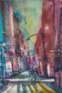 a watercolor of a new york street with colorful buildings