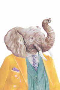 a portrait of an elephant with tusts wearing a gold blazer and a purple and green tie