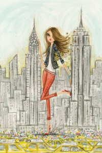 giant woman in red heels and pants standing alongside new york skyline with taxi cabs in view