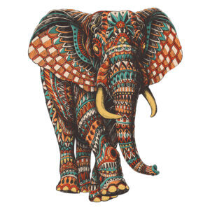 a walking elephant with tusks with an intricate design with the colors orange, red, teal, gold, and black