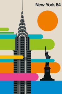 a print that says "new york 64" with green, blue, orange, and pink graphics and the chrysler building and statue of liberty