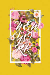 the words "new york" surrounded by flowers within a white rectangle on a yellow background