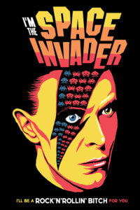 a poster using imagery from the game space invader using david bowie&#039;s face
