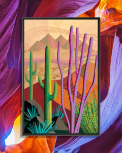 a colorful desert scene with green, teal, and purple cacti