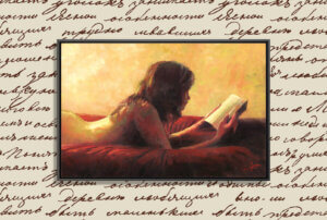 woman laying on a red bed reading a book