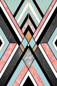 a symmetrical geometric print featuring gray, black, pink, gold, and blue