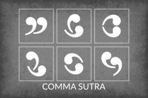six images featuring two commas embracing as if it were kama sutra