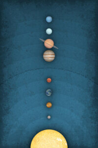 showing the sun, all eight planets, and an asteroid belt in a row