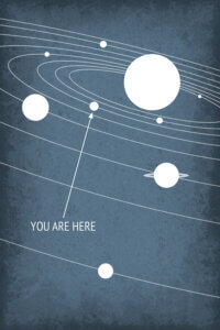 an all-white drawing of our solar system on a blue background with "you are here" and an arrow towards earth