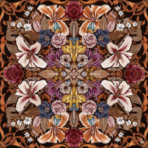 a kaleidoscope print full of flowers in gold, purple, pink, and maroon