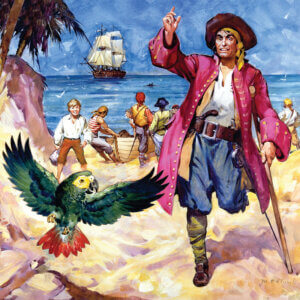 long john silver standing on a beach looking at his parrot with pirates and a ship behind him